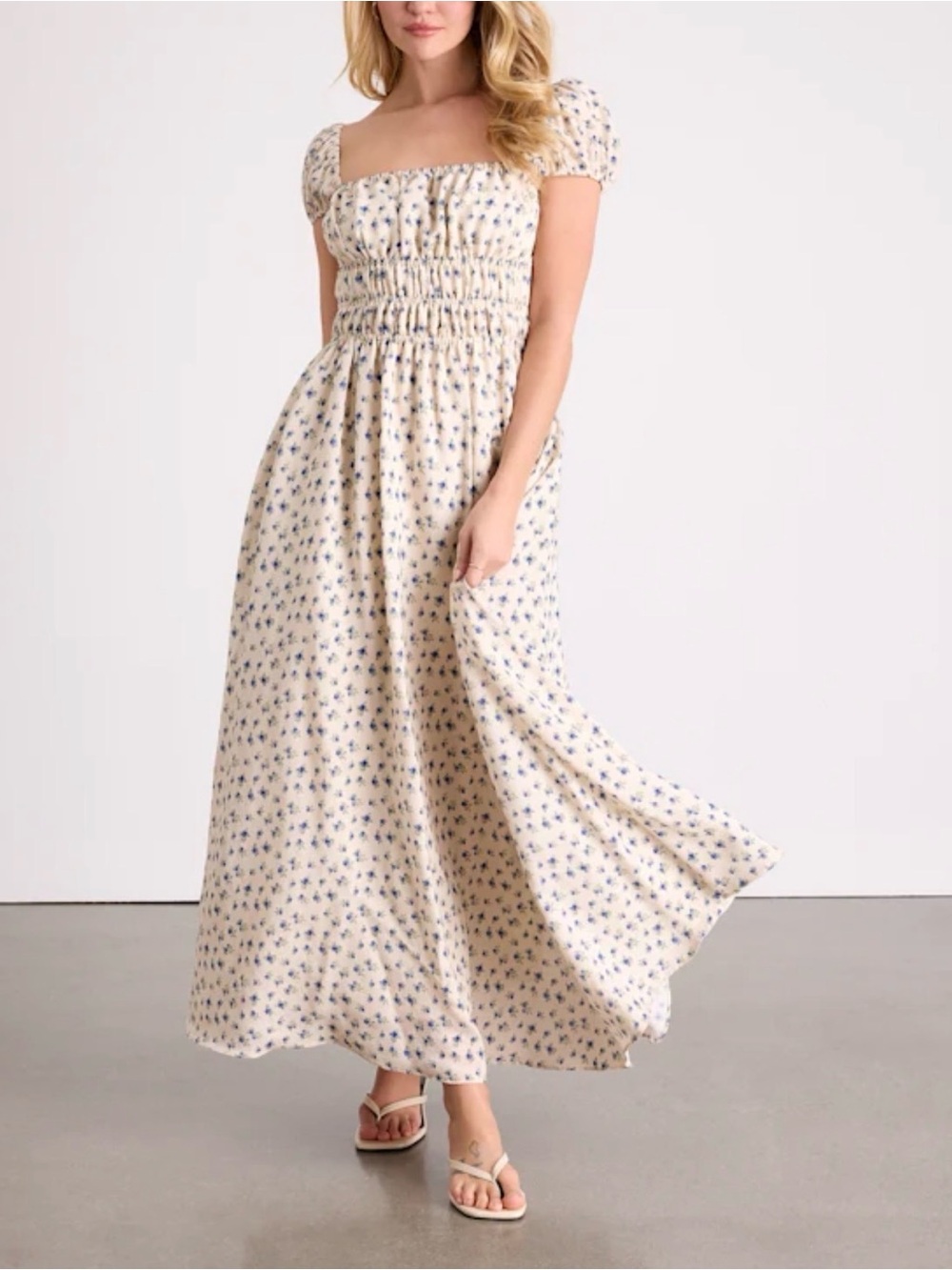 Lulus Wanda Ivory Ditsy Floral Tie-back Puff Sleeve Maxi Dress White - Size S